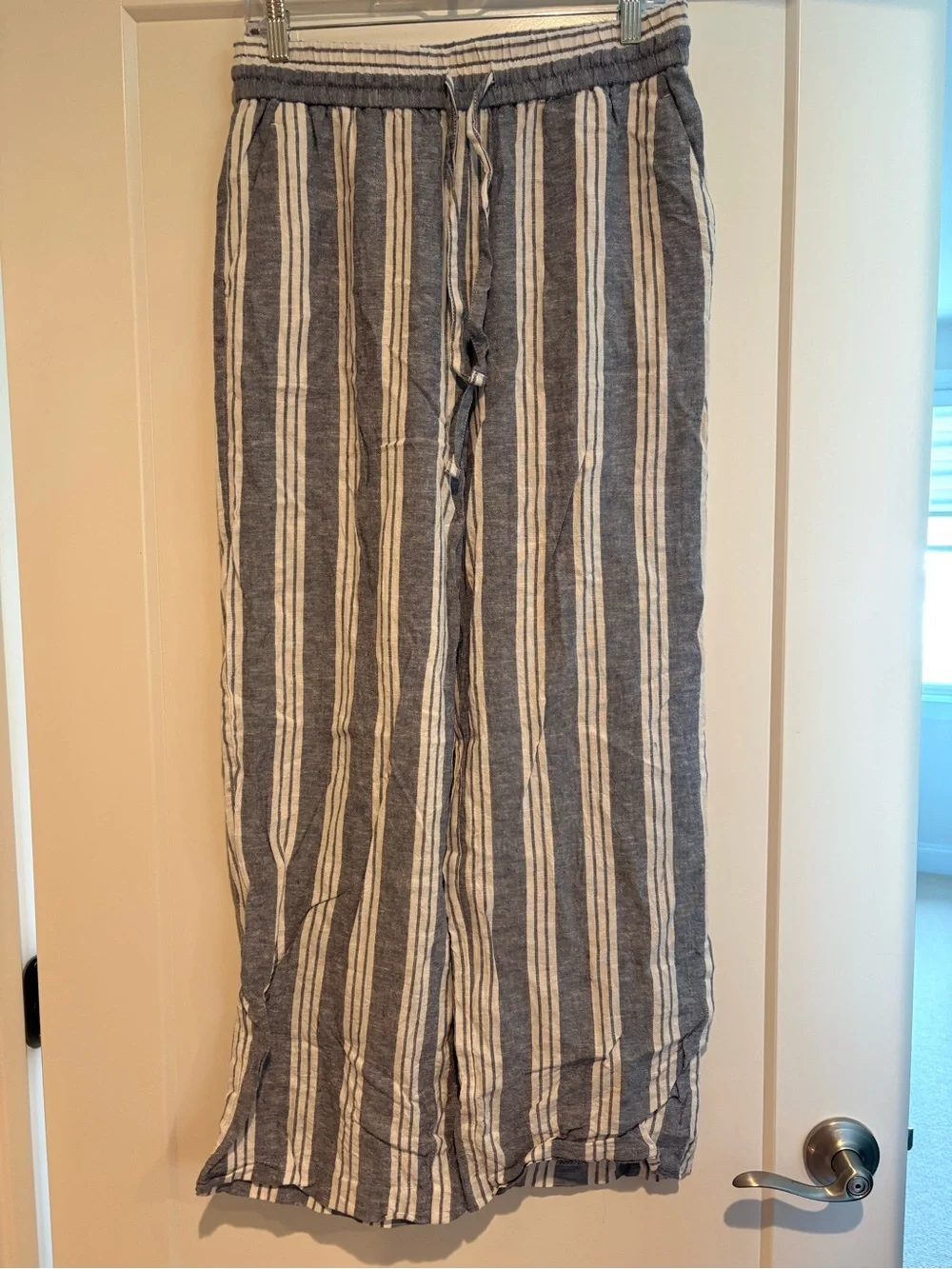 Striped blue and white linen pants